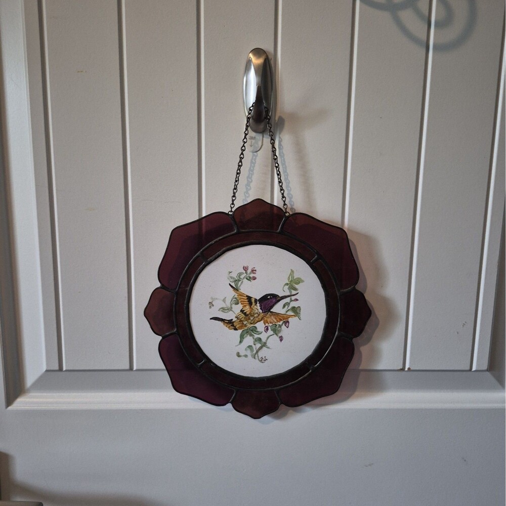 Vtg Handpainted Hummingbird Suncatcher Scalloped flower shape stained glass 80's